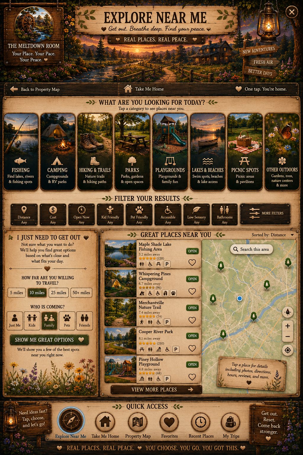 The founder-approved Explore Near Me dashboard with outdoor categories, filters, nearby places, favorites, recent places, and trips