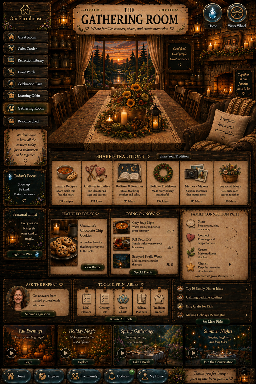 The founder-approved Gathering Room, a warm rustic family table with shared traditions and family connection paths