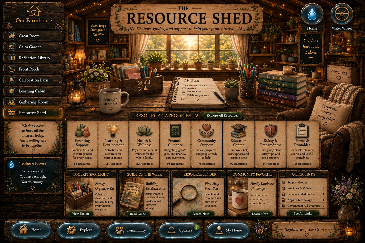 The founder-approved Resource Shed family support hub with parenting, learning, wellness, financial, community, education, safety, and printable resources